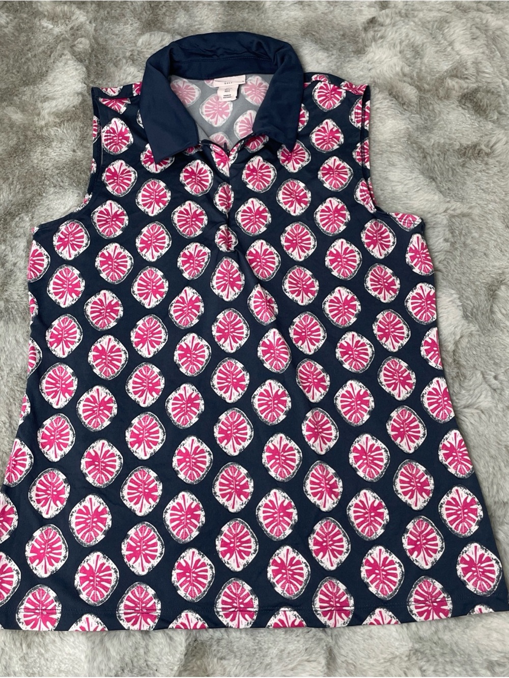 Tommy Bahama Navy Sleeveless Polo Top with Pink Medallion Print-0296